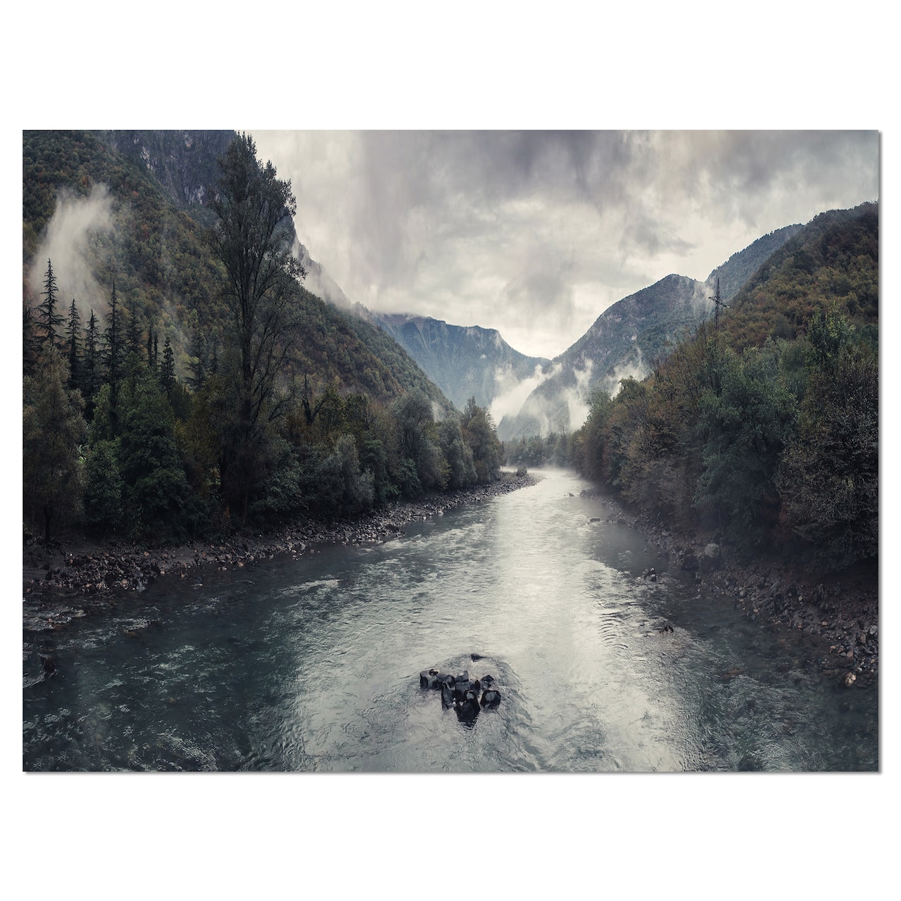 Designart - Mountain River with Fog and Rain - Modern Seascape Canvas Artwork